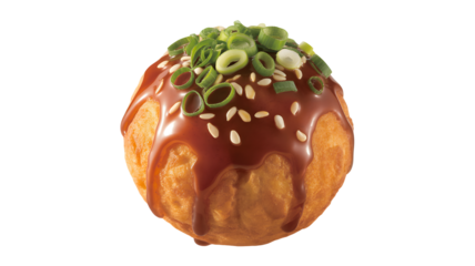 Delicious takoyaki ball with savory sauce, green onions, and sesame seeds invites a culinary adventure, perfect for food blogs and restaurant menus