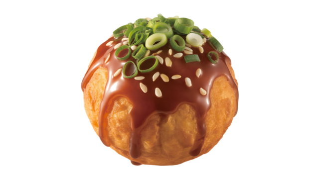 Delicious takoyaki ball with savory sauce, green onions, and sesame seeds invites a culinary adventure, perfect for food blogs and restaurant menus