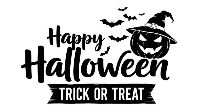 Happy Halloween: A monochrome Halloween greeting features a grinning jack-o'-lantern wearing a witch hat, and bats dancing across the top, celebrating this yearly spooky occasion.