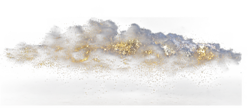 Explosion of golden sparks and smoke isolated on transparent background