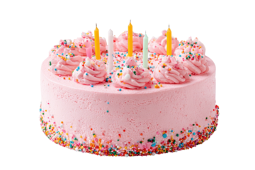 Delicious pink frosted birthday cake with lit candles and colorful sprinkles celebration dessert.