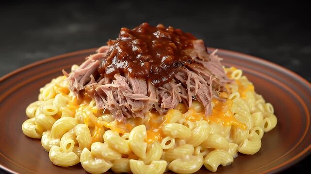 Macaroni and Cheese Topped with Pulled Pork and Barbecue Sauce Plate