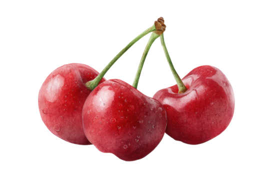Vibrant triple red cherries on black background with water droplets, cut out