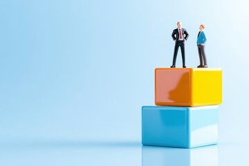 Empowering leadership strategies corporate training miniature figures blue background abstract business environment
