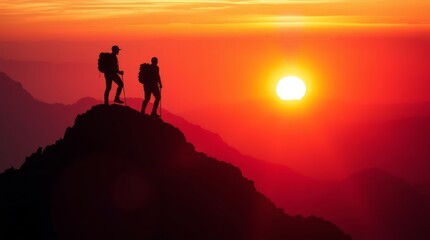 Fototapeta premium Reaching New Heights at Sunset: Silhouetted figures stand atop a mountain peak, gazing at the majestic sun during a breathtaking sunset, inspiring a sense of adventure and accomplishment.