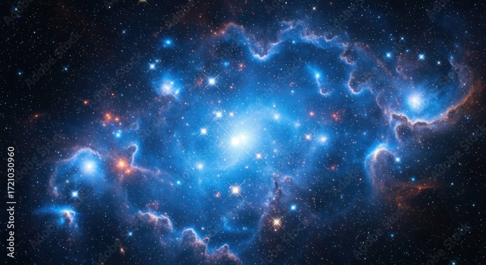 Wall mural dazzling cluster of stars with blue and orange nebula dust in deep space