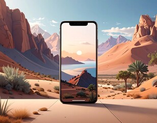 Digital phone display showing desert landscape