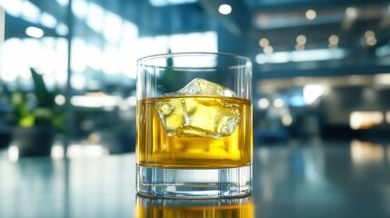 Savoring moments elegant glass of whiskey with ice cubes in a modern lounge environment