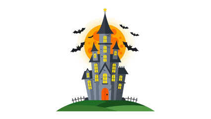 Spooky Castle: An eerie yet inviting scene, a haunting castle rises against a backdrop of a full moon and bats, creating a captivating and atmospheric visual perfect for Halloween themes.