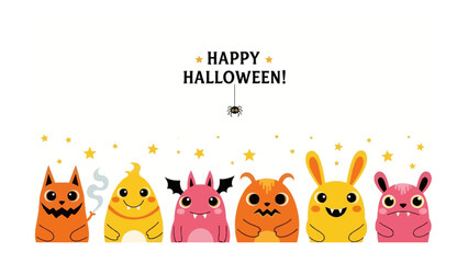 Happy Halloween Monsters: A whimsical illustration of seven colorful monster characters, each with its own unique design, is centered above Happy Halloween! and a spider.