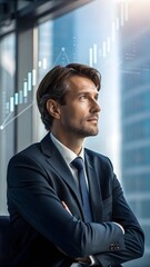Obraz premium Confident Businessman In Suit Looking Out Office Window With Financial Growth Chart Corporate Success Concept