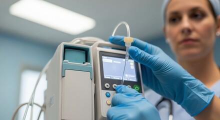 Close-up of clinician adjusting smart IV infusion pump in hospital, showcasing advanced medical technology and patient care precision for innovative healthcare solutions