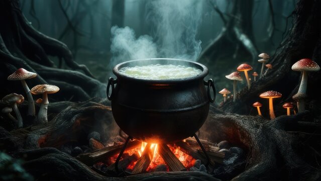 A dark forest scene with a cauldron bubbling over a fire