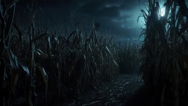 A dark, moonlit cornfield path