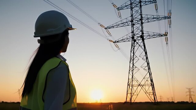 Silhouette of Engineer in Safety Vest at Sunset Near Electrical Transmission Tower