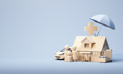 Umbrella above family, house, car, and health cross symbolizes full coverage insurance for life, health, and assets. 3d rendering.