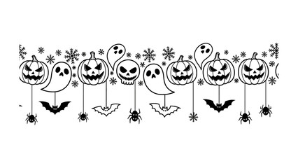 Spooky Halloween Border Illustration: An artistic and whimsical linear illustration perfect for Halloween, this design features grinning pumpkins, spectral ghosts, spider, bats and skull.