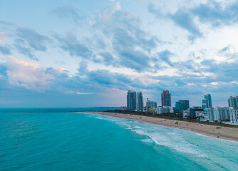 Miami Beach skyline. Miami from above. Miamis famous landmarks. South Pointe beach with...