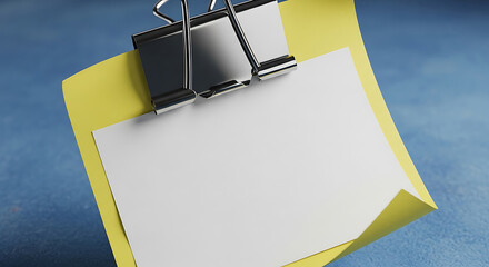 White Paper Sheet Held by a Silver Binder Clip on a Blue Surface image photo