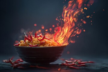 Spicy Noodles in Bowl Against Dark Background