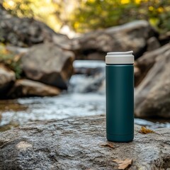 Travel mug on rock by tranquil forest stream in autumn