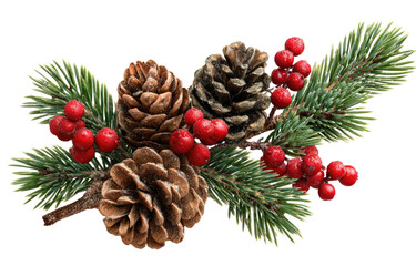 Festive pine sprig with pinecones and red berries for holiday decoration.