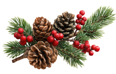 Festive pine sprig with pinecones and red berries for holiday decoration.