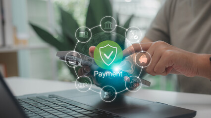 Secure digital payment with smartphone and shield checkmark icon. Concept for fintech, online banking, e-payment, secure transaction, mobile wallet, and financial technology solutions.