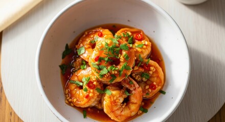 Garlic shrimp in a bowl, glazed with red pepper flakes and parsley garnish