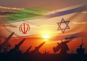 Iranian and israeli flags superimposed over missiles at sunset, depicting geopolitical tension and conflict