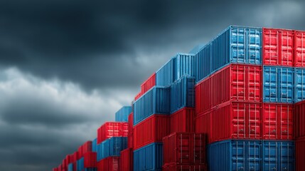 Obraz premium Colorful shipping containers stacked against a dramatic cloudy sky backdrop