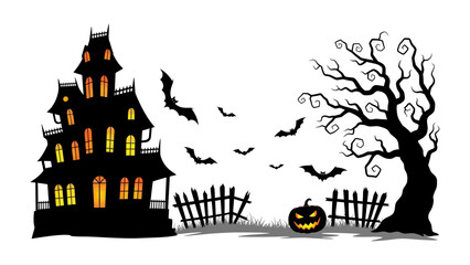 Spooky Halloween Night: A haunted house, a gnarled tree, bats, and jack-o'-lanterns create a chilling scene, embodying the spooky atmosphere of Halloween. 