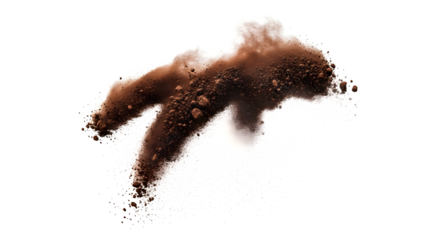 Isolated splash of deep earthy brown powder captured in frozen motion. A dynamic dust cloud of fine clay or soil particles exploding outwards on a white background