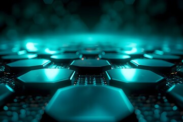 High Contrast Hexagonal Tile Grid with Luminous Borders Stretching into Deep Dark Backdrop Evoking Digital Network or Cyberpunk Tunnel computer keyboard with blue background
