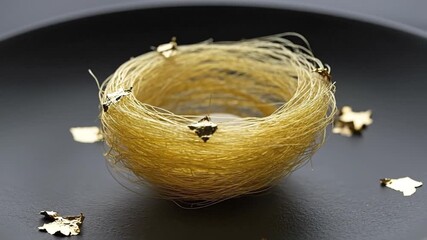 A delicate golden nest made of fine threads decorated with gold leaf flakes sits on a dark matte plate