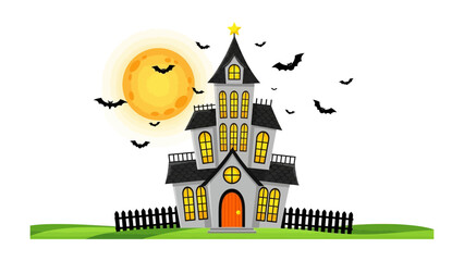 Spooky Night: The ominous facade of a haunted house is silhouetted against a large, glowing moon, with bats fluttering through the night sky, embodying a scene of mystery and Halloween.