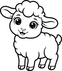 Cute cartoon baby lamb outline drawing with big eyes isolated on white background