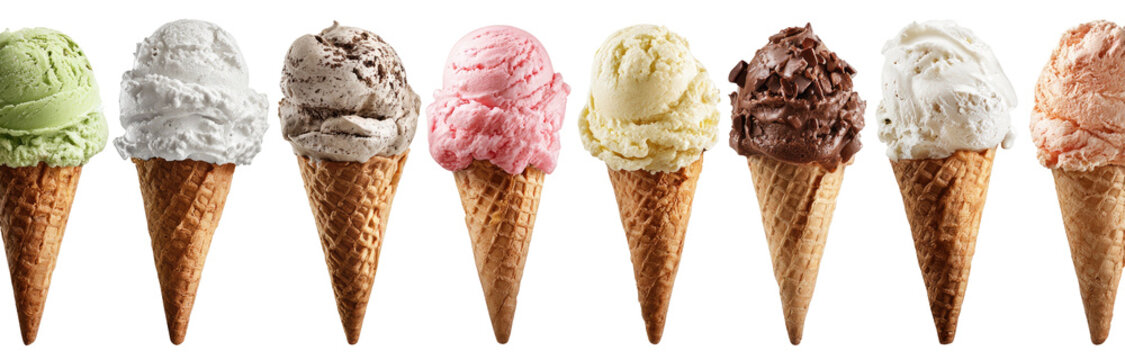 A delightful assortment of eight unique ice cream cones in waffle cones. - Powered by Adobe
