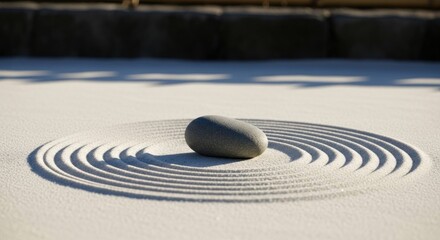Gray stone sits in raked sand, concentric circles radiating outwards