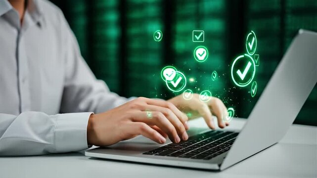 A person typing on a laptop with digital checkmarks floating around the screen in a green color scheme