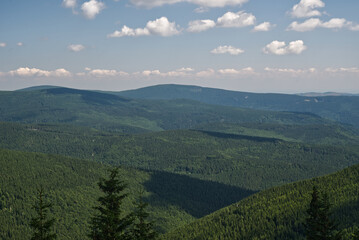 Medvedska hornationa mountain ridge with Orlik and Medvedi vrch hills from Ostry vrch hill in Jeseniky mountains in Czech republic