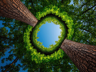 Weird angles and unconventional perspectives create surreal view of tall tree trunks and green leaves forming circular frame against blue sky