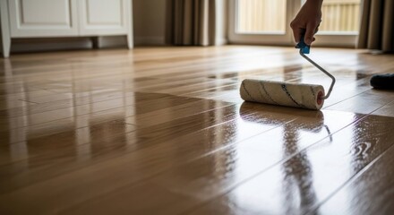 Hand rolling lacquer on fresh light-colored hardwood floor in a bright room