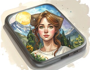 Digital portrait of a woman in a cap, phone screen style