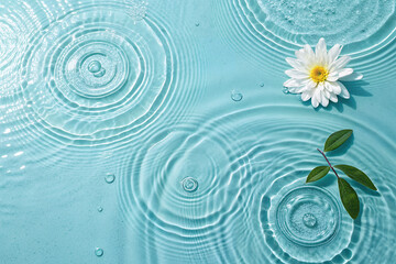 Tranquil Water Surface with Daisy: A serene composition showcases concentric ripples expanding outward on a clear water surface, subtly graced by a delicate daisy, evoking calmness and purity.