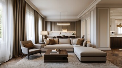 Fototapeta premium A modern living room featuring elegant furnishings, warm lighting, and large windows, creating a cozy and inviting atmosphere.