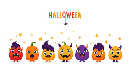 Spooky Halloween Cartoon Characters: a fun and playful illustration features a line-up of whimsical Halloween cartoon characters, each with its unique expression and spooky charm.