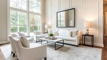 Fototapeta premium A bright and modern living room featuring a white sofa, stylish decor, and large windows that let in natural light.