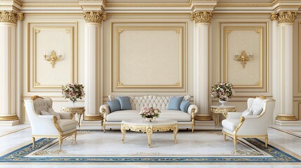 An elegant, luxurious living room featuring ornate furniture, gold accents, and decorative floral arrangements.