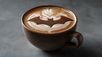 Close up of a cappuccino with batman logo latte art in a brown ceramic mug on a gray surface